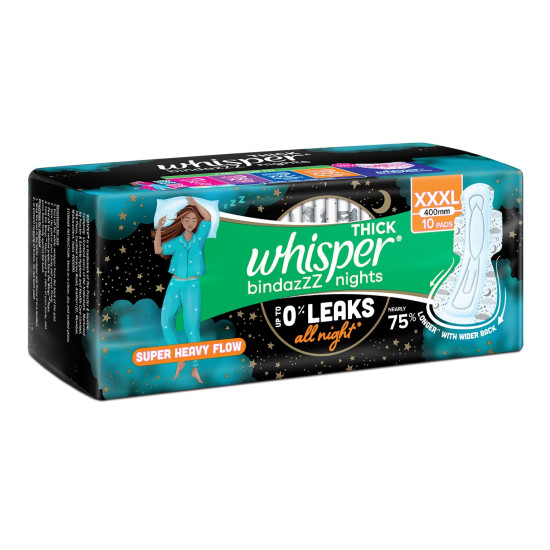 Whisper Bindazzz Nights 10 XXXL Sanitary Pads, Upto 0% Leaks All Night Long, For Super Heavy Flow, Nearly 75% Longer with Wider Back, Double hug wings keep pad in place , Disposable Wrapper