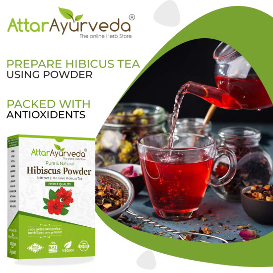 Attar Ayurveda Hibiscus powder for hair growth (100 Grams) | Ideal for Hair pack, Face pack, Eating, and Hibiscus tea | Gudhal Ka Phool Powder | 100% Pure and Natural, No Preservatives