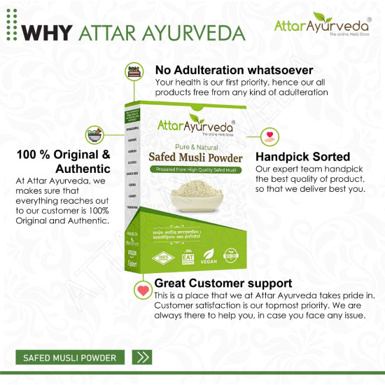 Attar Ayurveda Safed Musli Powder (100 grams) for Stamina and Energy | 100% Pure, Preservative free | No Artificial flavour or color added
