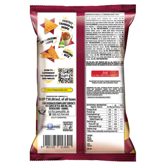 Bingo! Mad Angles Achaari Masti – Mango Pickle Flavour Crunchy Triangle Chips - 130g
