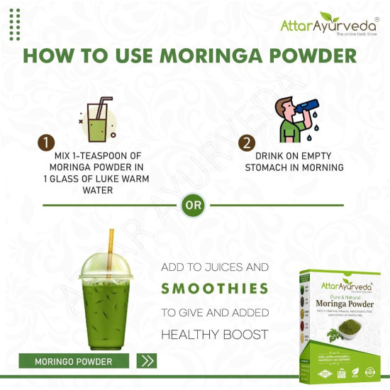 Attar Ayurveda 100% Moringa Leaf Powder (200g) | Drumstick Leaf powder | Herbal Supplement | Good for Immunity, Digestion, skincare and Haircare | 100% Natural and Preservative-free
