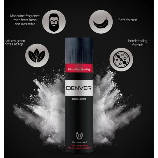 DENVER Black Code Cologne Talc - 300GM | Scented Talcum Powder for Men