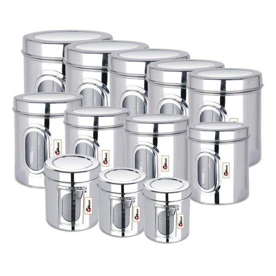 Ebun Heavy Gauge See Through Stainless Steel Containers for Kitchen | Steel Dabba Set for Kitchen | Steel Container with Lid | Capacity 200 Gms to 6 kgs Steel Container for Kitchen Storage | Set of 12