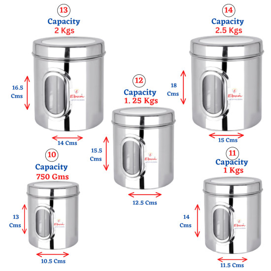 Ebun Heavy Gauge See Through Stainless Steel Containers for Kitchen | Steel Dabba Set for Kitchen | Steel Container with Lid | Capacity 200 Gms to 6 kgs Steel Container for Kitchen Storage | Set of 12