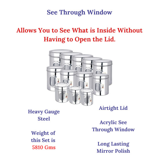 Ebun Heavy Gauge See Through Stainless Steel Containers for Kitchen | Steel Dabba Set for Kitchen | Steel Container with Lid | Capacity 200 Gms to 6 kgs Steel Container for Kitchen Storage | Set of 12