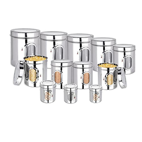 Ebun Heavy Gauge See Through Stainless Steel Containers for Kitchen | Steel Dabba Set for Kitchen | Steel Container with Lid | Capacity 200 Gms to 6 kgs Steel Container for Kitchen Storage | Set of 12