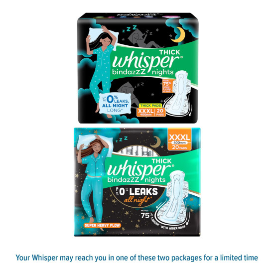 Whisper Bindazzz Nights 20 XXXL Sanitary Pads, Upto 0% Leaks All Night Long, For Super Heavy Flow, Nearly 75% Longer with Wider Back, Double hug wings keep pad in place , Disposable Wrapper