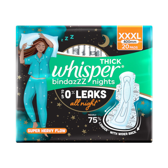 Whisper Bindazzz Nights 20 XXXL Sanitary Pads, Upto 0% Leaks All Night Long, For Super Heavy Flow, Nearly 75% Longer with Wider Back, Double hug wings keep pad in place , Disposable Wrapper