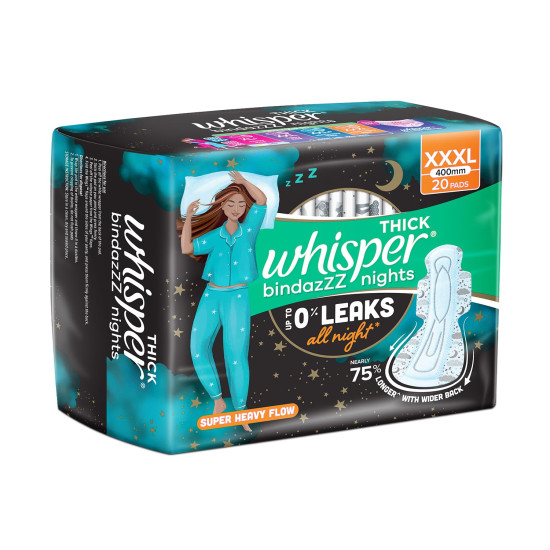 Whisper Bindazzz Nights 20 XXXL Sanitary Pads, Upto 0% Leaks All Night Long, For Super Heavy Flow, Nearly 75% Longer with Wider Back, Double hug wings keep pad in place , Disposable Wrapper