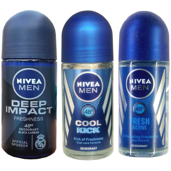 Nivea Roll On Deodorant for Men - Deep Impact, Cool Kick, Fresh Active