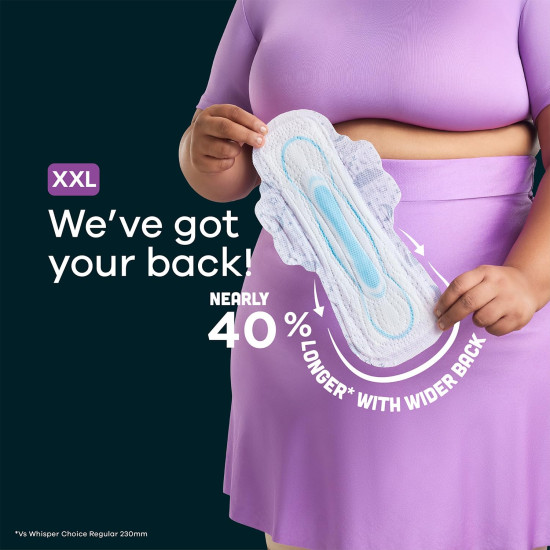 Whisper Bindazzz Nights 44 XXL Sanitary Pads, Upto 0% Leaks All Night Long, For Heavy Flow, Nearly 40% Longer with Wider Back, Active odor lock so you feel fresh, Disposable Wrapper