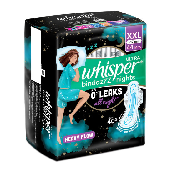 Whisper Bindazzz Nights 44 XXL Sanitary Pads, Upto 0% Leaks All Night Long, For Heavy Flow, Nearly 40% Longer with Wider Back, Active odor lock so you feel fresh, Disposable Wrapper
