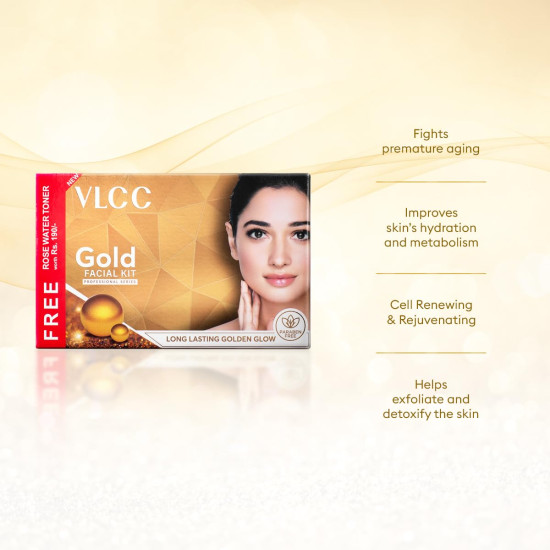 VLCC Gold Facial Kit with FREE Rose Water Toner - 24K Colloidal Gold & Aloe Vera