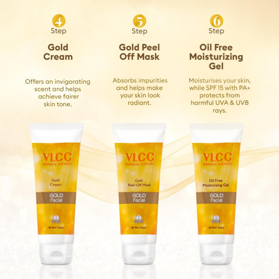 VLCC Gold Facial Kit with FREE Rose Water Toner - 24K Colloidal Gold & Aloe Vera