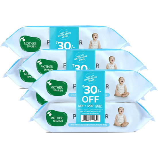 Mother Sparsh 99% Pure Water Baby Wipes - Plant-Derived Fabric & Unscented - Pack of 6