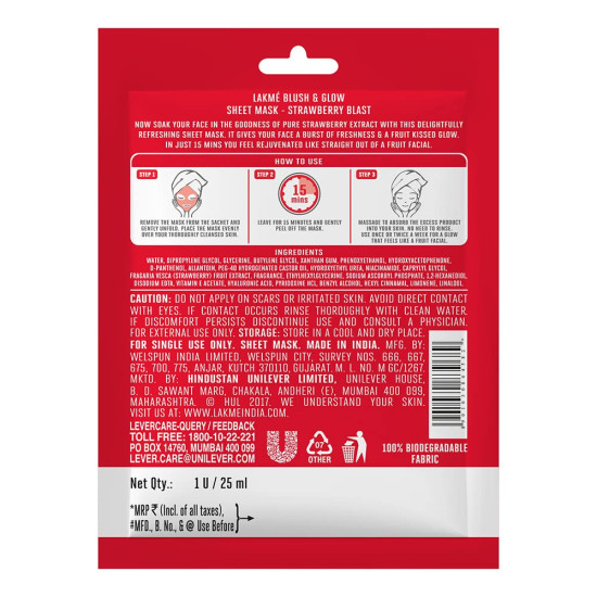 LAKMÉ Blush & Glow Strawberry Sheet Mask - Instant Hydration