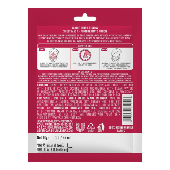 Lakme Blush & Glow Pomegranate Sheet Mask - Hydrating & Soothing
