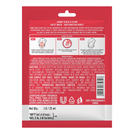 Lakme Blush & Glow Watermelon Sheet Mask - Instant Hydration