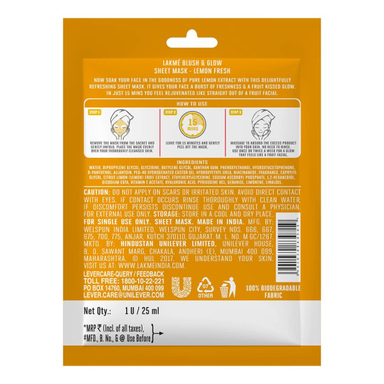 Lakme Blush & Glow Lemon Sheet Mask - Instant Hydration & Glow