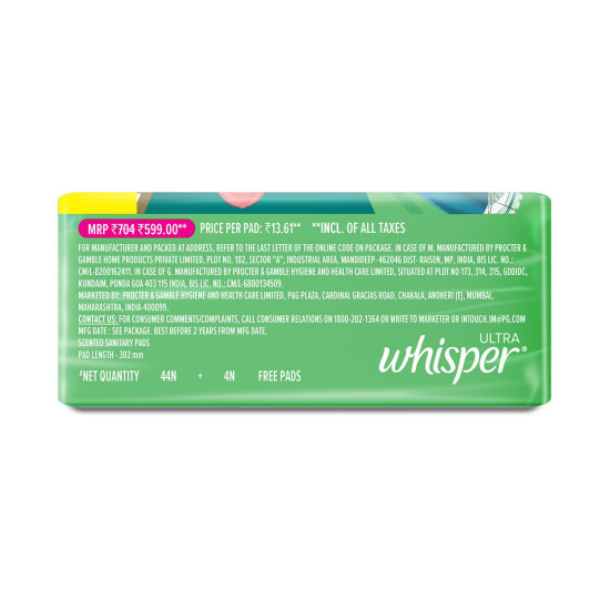 WHISPER ULTRA HYGIENE+COMFORT SANITARY PADS, 50 XL+ PADS, FOR HEAVY FLOW, LONG LASTING PROTECTION, LOCKS ODOUR & WETNESS, DRY TOP SHEET, DISPOSABLE WRAPPER
