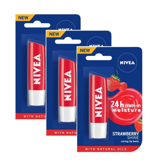 Nivea Strawberry Fruit Shine Lip Care, 4g (Pack of 3) - Long-lasting Moisturization