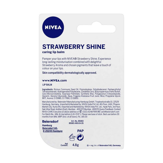 Nivea Strawberry Fruit Shine Lip Care, 4g (Pack of 3) - Long-lasting Moisturization