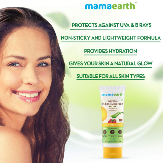 Mamaearth HydraGel Indian Sunscreen SPF 50 - Ultimate Sun Protection with Aloe Vera & Raspberry