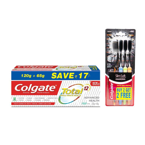 Colgate Total Deep Clean Antibacterial Toothpaste & Slim Soft Charcoal Toothbrush - Advanced Oral Care