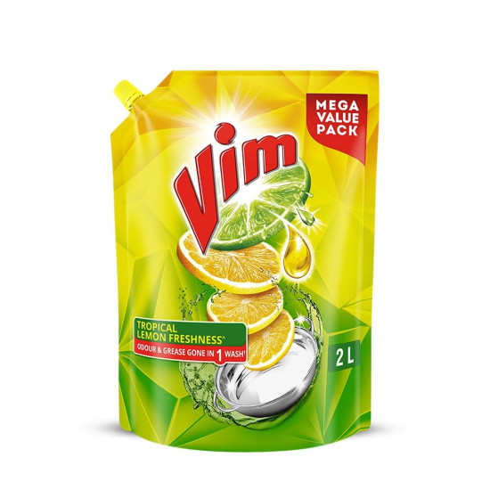 Vim Dishwash Liquid Gel Lemon Refill - Powerful Lemon Cleaning