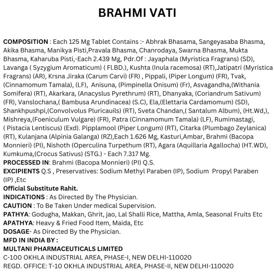 Multani Brahmi Vati Gold Tablets - Cognitive Support & Blood Pressure Management