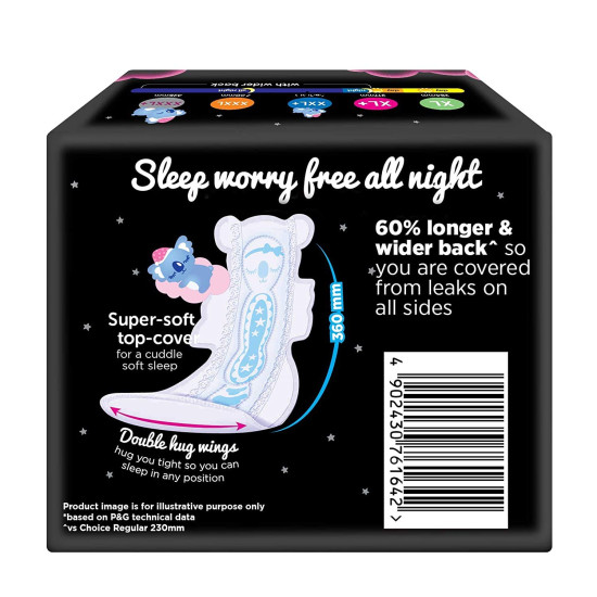 WHISPER BINDAZZZ NIGHTS KOALA SOFT SANITARY PADS, 8 XXXL+ PADS, UPTO 0% LEAKS, 85% LONGER & WIDER BACK, SUPER SOFT TOPSHEET, DOUBLE HUG WINGS, DISPOSABLE WRAPPER, for women