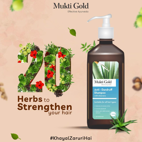 Axiom Mukti Gold Anti-Dandruff Shampoo 400Ml With Aloe Vera | Hydrates & Restores Shine | Controls Dandruff | Made With 100% Herbal Extracts | Ph Balanced