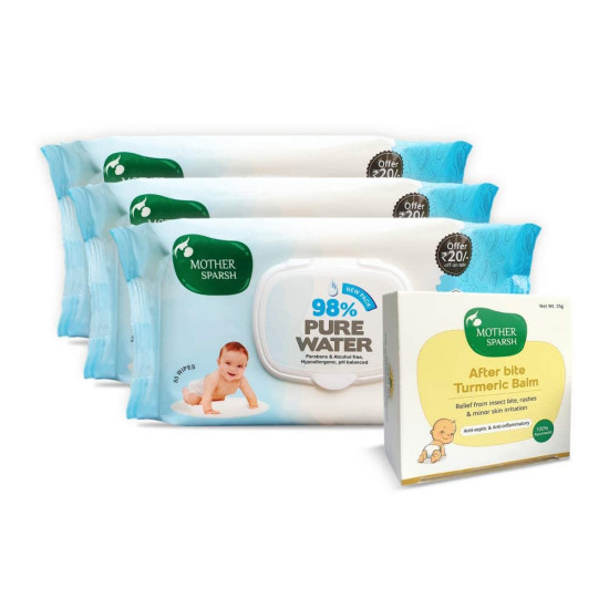 Mother Sparsh After Bite Turmeric Balm & 98% Water Wipes - Ayurvedic & Safe for Babies