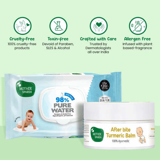 Mother Sparsh After Bite Turmeric Balm & 98% Water Wipes - Ayurvedic & Safe for Babies