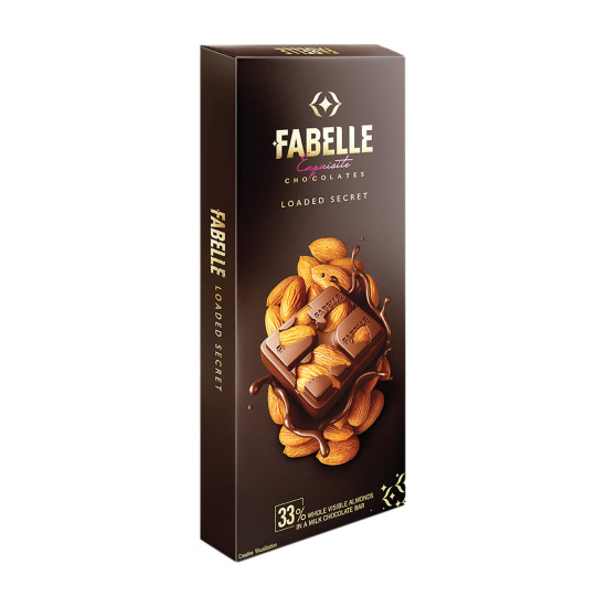 Fabelle Loaded Secret, 33% Whole Visible Almonds in Luxury Milk Chocolate Bar 114g - Gourmet Delight