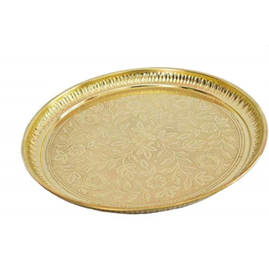 Skywalk Handmade Brass Puja Thali - Flower Embossed Design - 8 Inch
