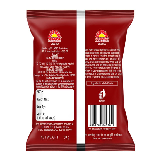 Sunrise Pure Jeera Whole Spice Pouch, 50 g - Authentic Flavor and Quality