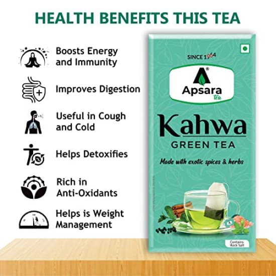 APSARA Detoxifying Kahwa Green Tea - 10 Tea Bags, Spiced Kashmiri Detoxifying Kahwa Green Tea, Natural Body Cleanse & Immunity Booster, Blended with Rock Salt, Tulsi, Cardamom, Cinnamon, Black Pepper, Ashwagandha Tea