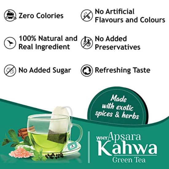 APSARA Detoxifying Kahwa Green Tea - 10 Tea Bags, Spiced Kashmiri Detoxifying Kahwa Green Tea, Natural Body Cleanse & Immunity Booster, Blended with Rock Salt, Tulsi, Cardamom, Cinnamon, Black Pepper, Ashwagandha Tea