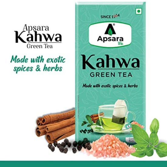 APSARA Detoxifying Kahwa Green Tea - 10 Tea Bags, Spiced Kashmiri Detoxifying Kahwa Green Tea, Natural Body Cleanse & Immunity Booster, Blended with Rock Salt, Tulsi, Cardamom, Cinnamon, Black Pepper, Ashwagandha Tea