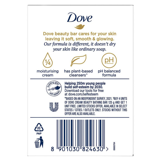Dove Cream Beauty Bathing Soap Bar 125g (4+1 Free Combo) - Moisturising Cream for Softer Skin