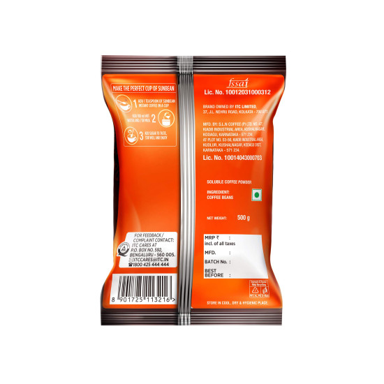 Sunbean Instant Coffee Powder Pouch, 500 g - Rich Flavor & Aroma
