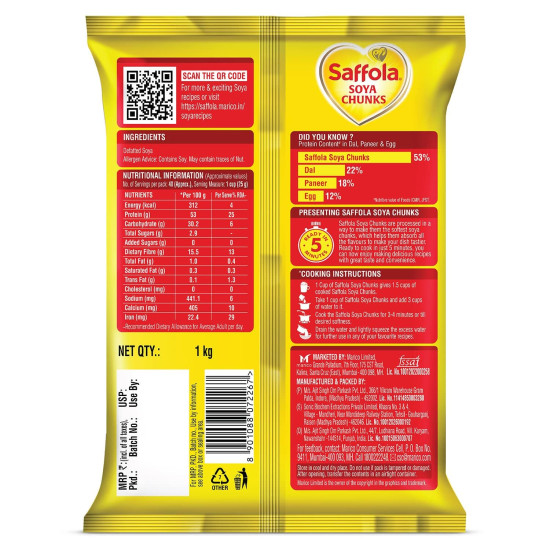 Saffola Soya Chunks - Tender & Juicy, 53% Protein