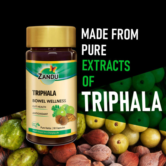 Zandu Triphala Capsules, Supports Bowel Wellness & Healthy Gut, Helps to Boost Immunity & Useful for Digestion, Antioxidant Properties - 90 Veg Capsules