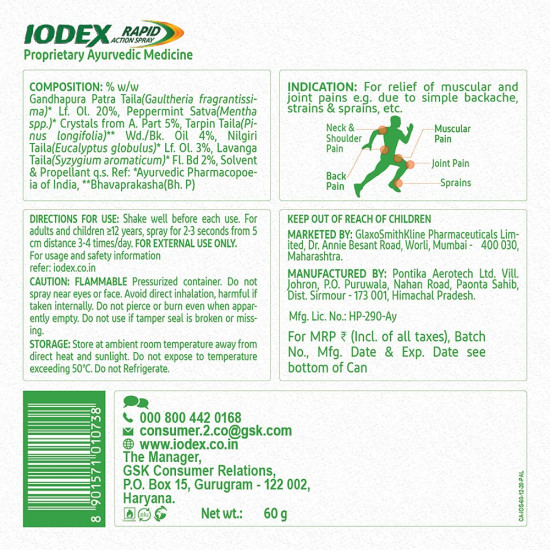 Iodex Rapid Action Pain Relief Spray 60g - Fast Pain Relief