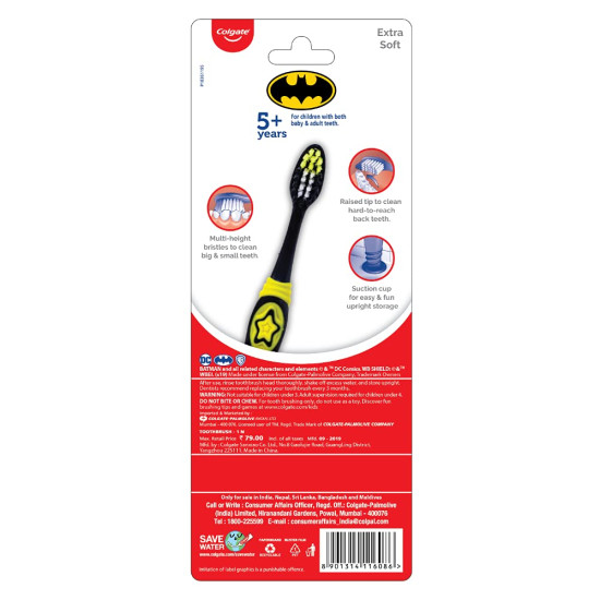 Colgate Kids Batman Manual Toothbrush - Extra-soft Bristles & Built-in Tongue Cleaner