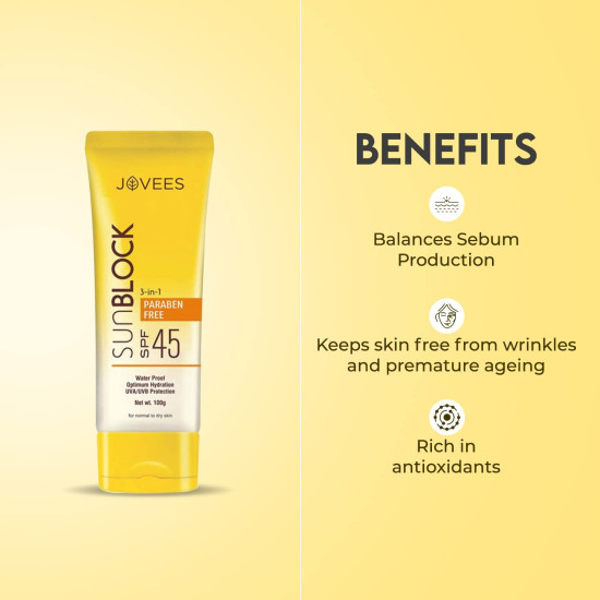Jovees Herbal Ajneer & Carrot Sun Block Sunscreen SPF 45 - Waterproof UVA & UVB Protection