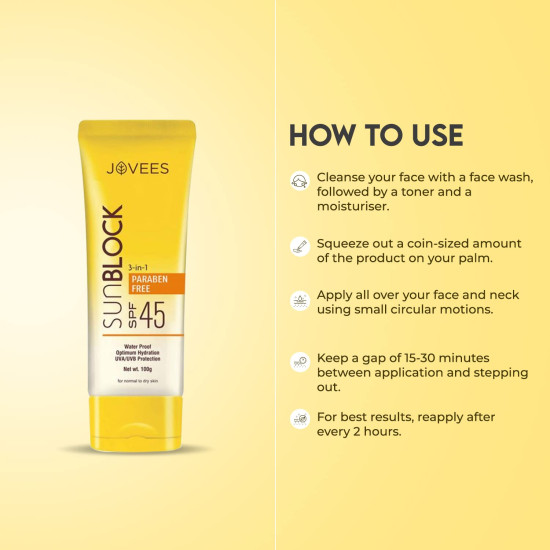 Jovees Herbal Ajneer & Carrot Sun Block Sunscreen SPF 45 - Waterproof UVA & UVB Protection