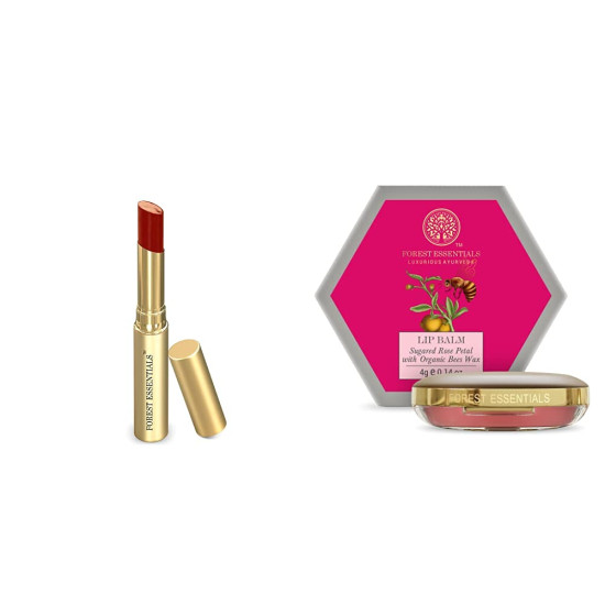 Forest Essentials Tinted Lip Serum & Sugared Rose Petal Lip Balm - Luxurious Lip Care