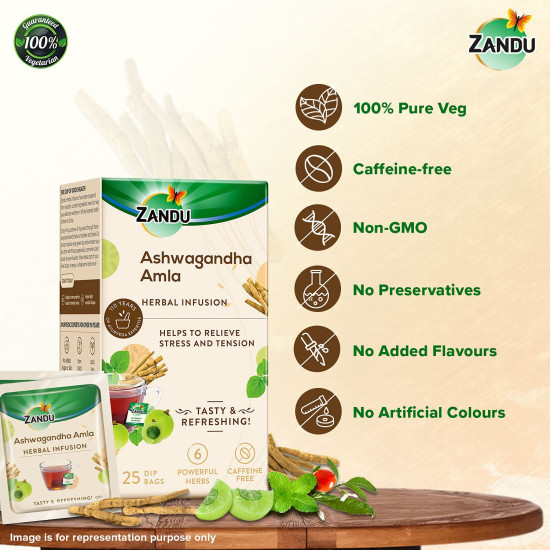 Zandu Ashwagandha Amla Ayurvedic Infusion, A Herbal Tea Enriched With 6 Ayurvedic Ingredients (Pack Of 25 Tea Bags X 2) - 0.19 Kg